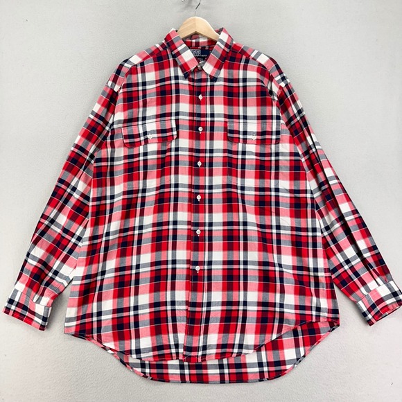 VTG Polo Ralph Lauren WHITFIELD Shirt Mens Large Red Plaid Long Sleeve Cotton - Picture 2 of 7